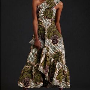 Sika One-Shoulder Green Patterned Ruffle Maxi Dress